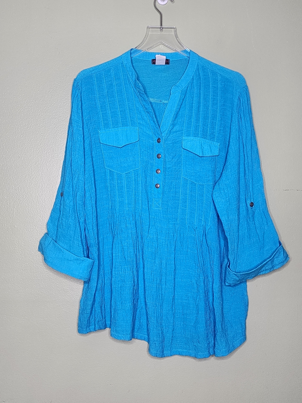 Cocomo Woman Gauzy Button Henley Tunic Top Blue 3/4 Roll Tab Sleeve